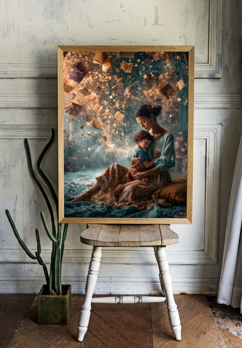 Dreamy Mother and Child Illustration Poster. room preview