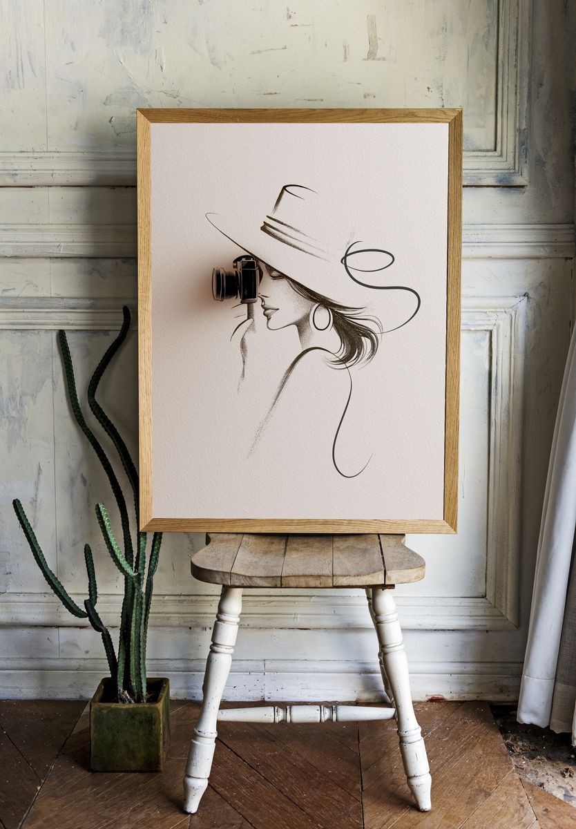 Elegant Woman with Camera Print. room preview