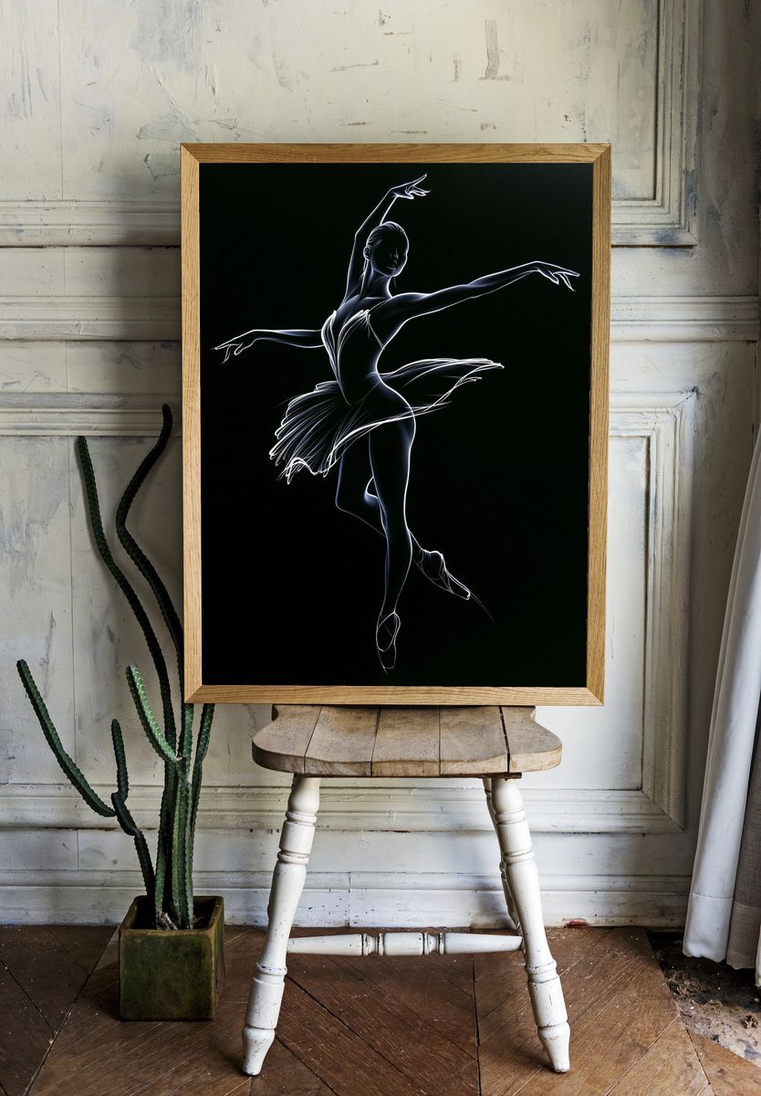 Neon Ballerina Line Art Print. room preview