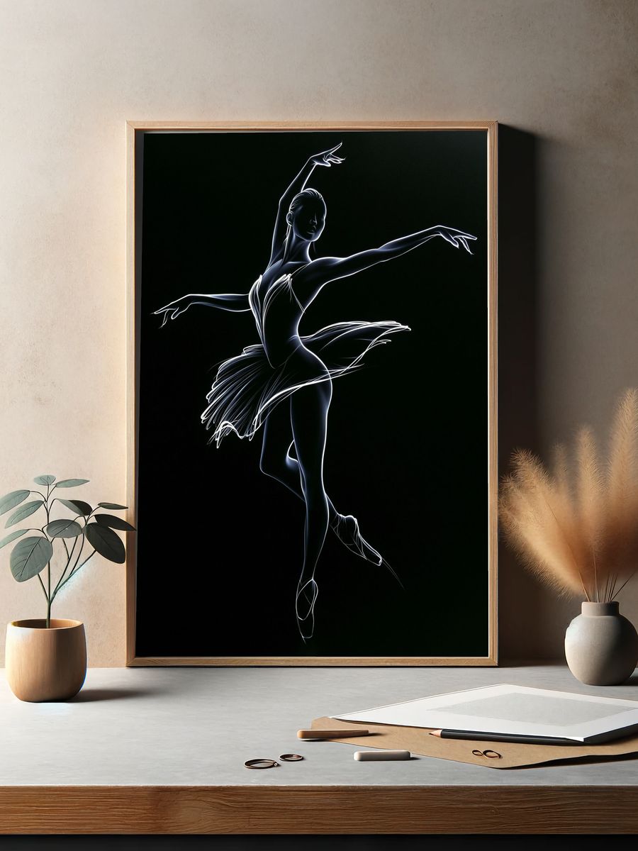 Neon Ballerina Line Art Print. — room view 2