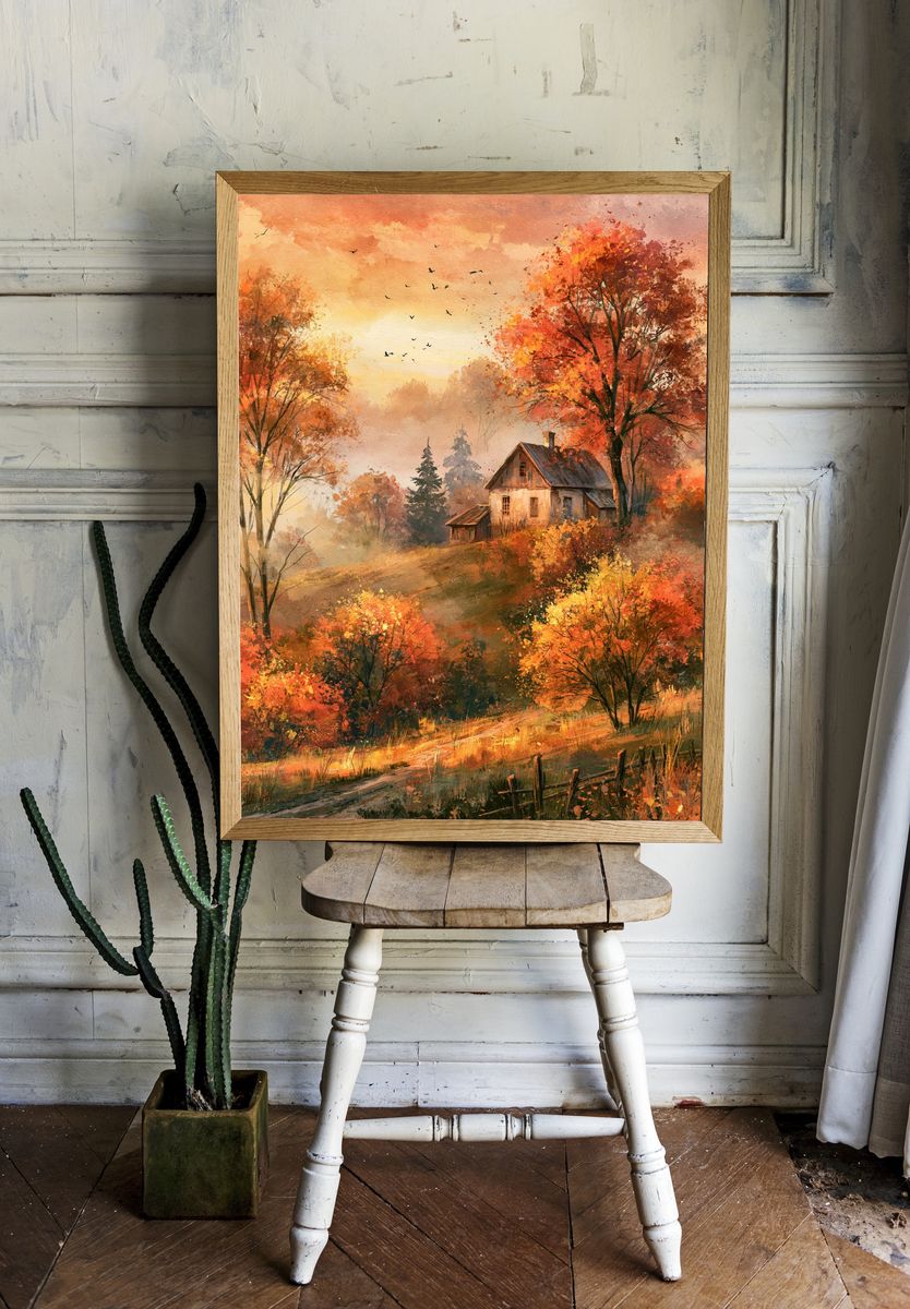 Autumn Cottage Landscape Print. — room view 1