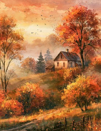 Autumn Cottage Landscape Print.