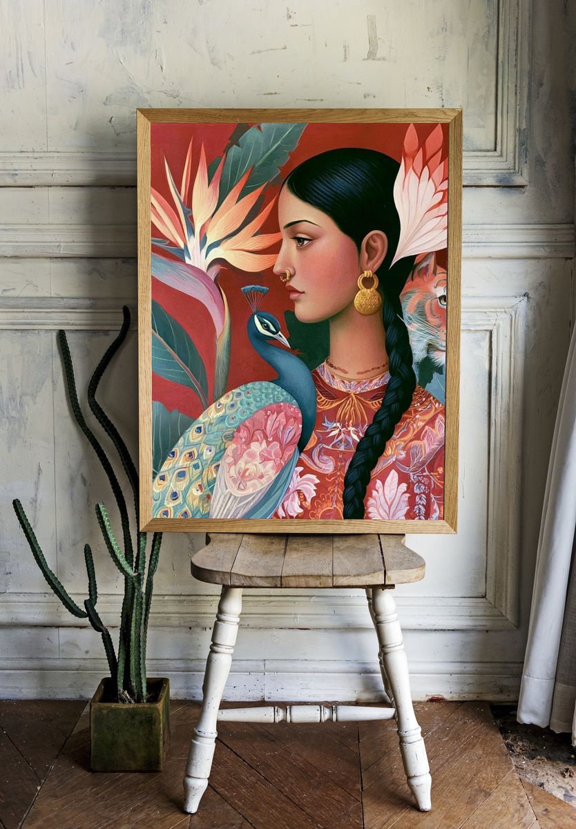 Floral Woman and Peacock Illustration Poster. — room view 1