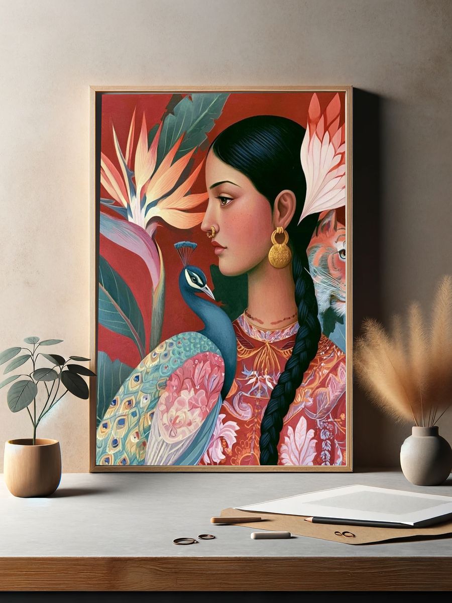 Floral Woman and Peacock Illustration Poster. — room view 2