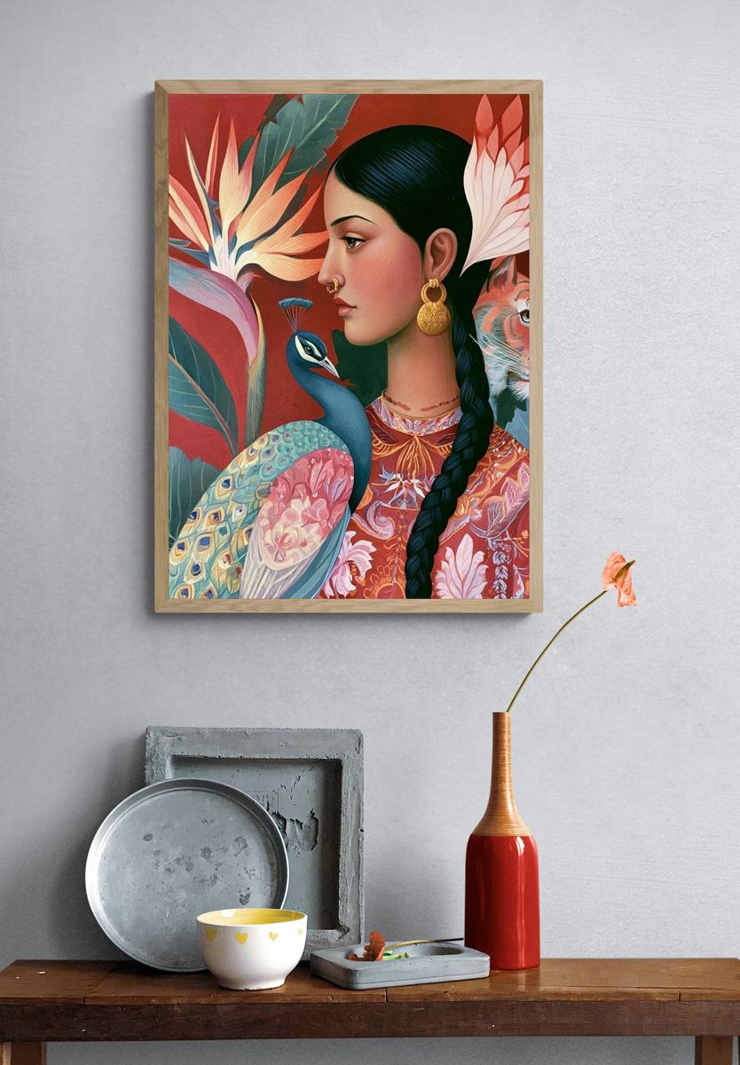 Floral Woman and Peacock Illustration Poster. — room view 3