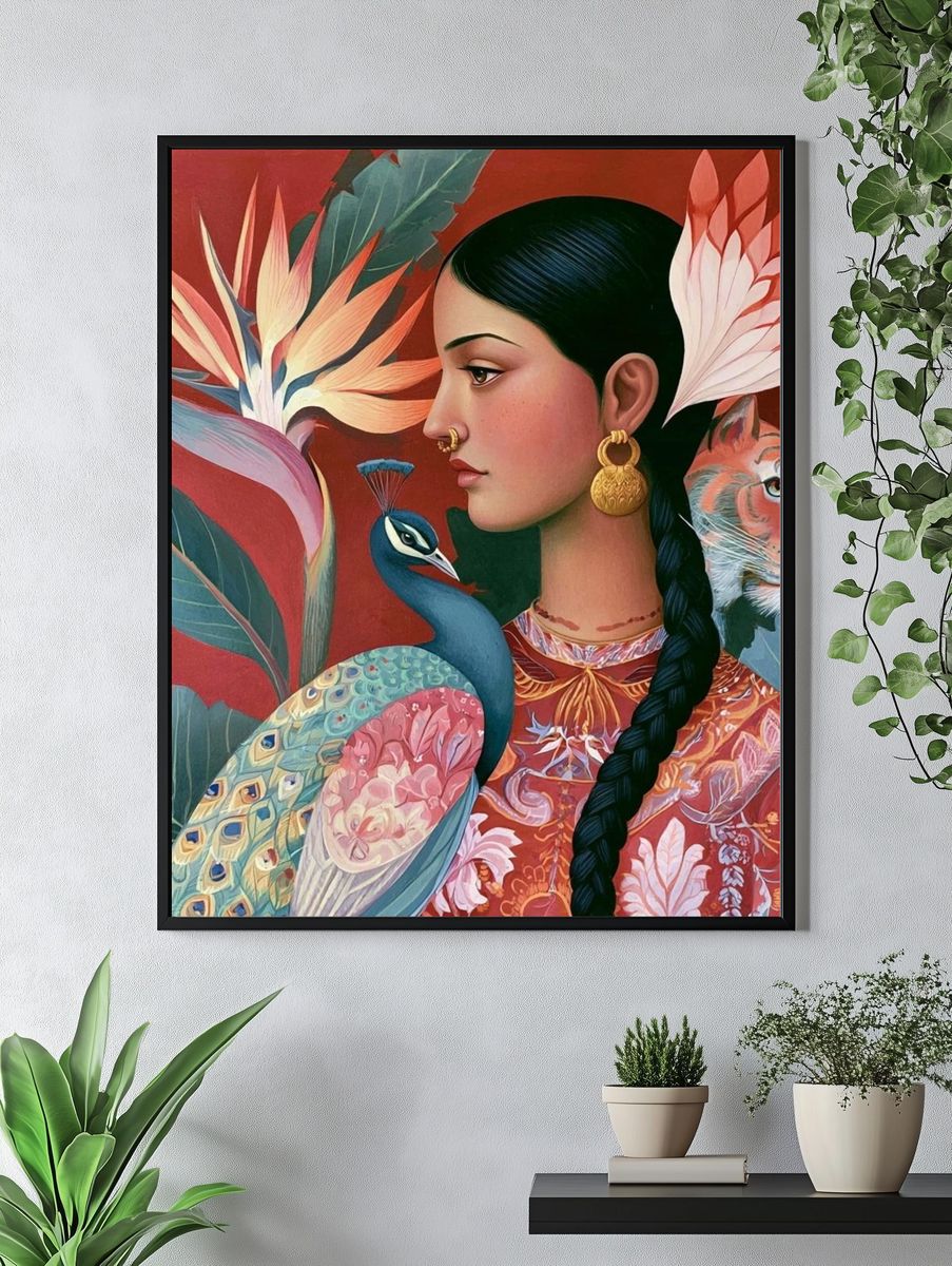 Floral Woman and Peacock Illustration Poster. — room view 4