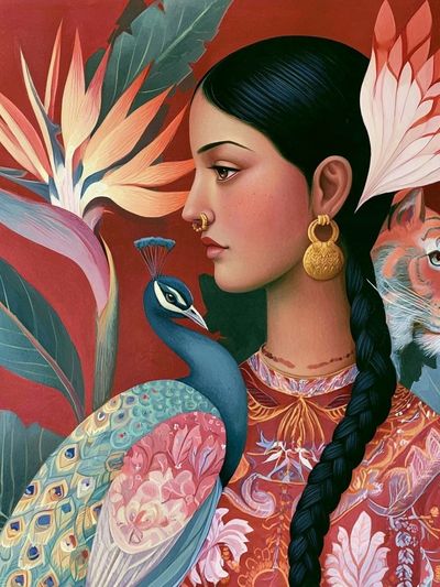 Floral Woman and Peacock Illustration Poster.