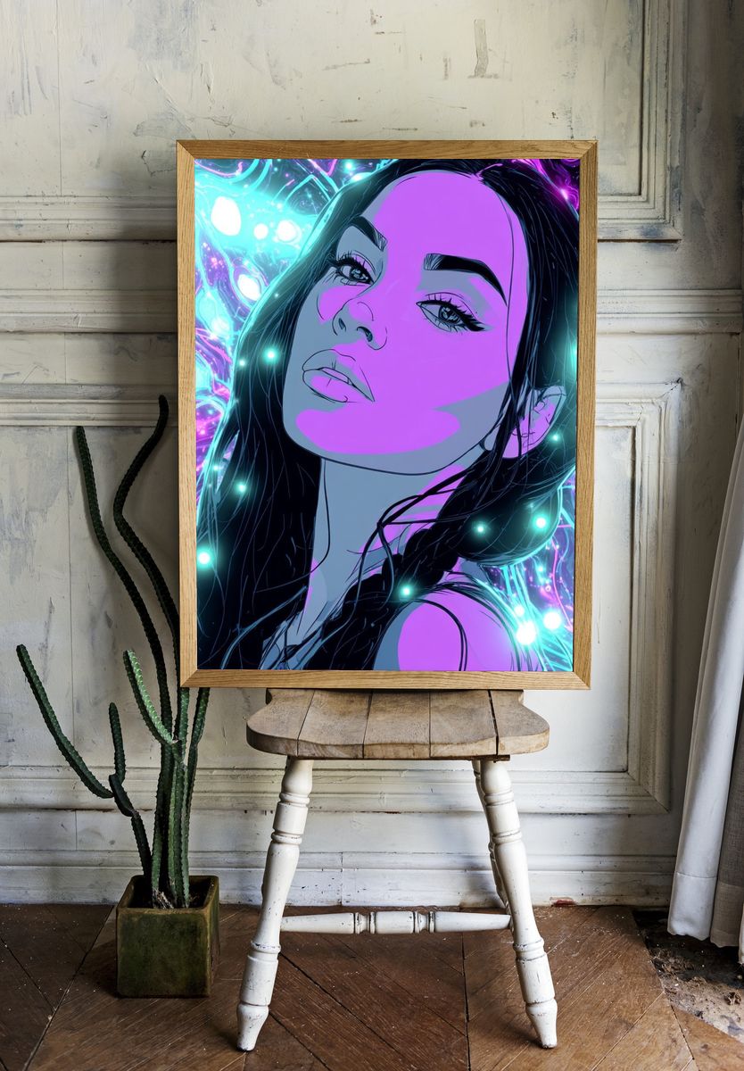 Neon Portrait Digital Art Poster. — room view 1