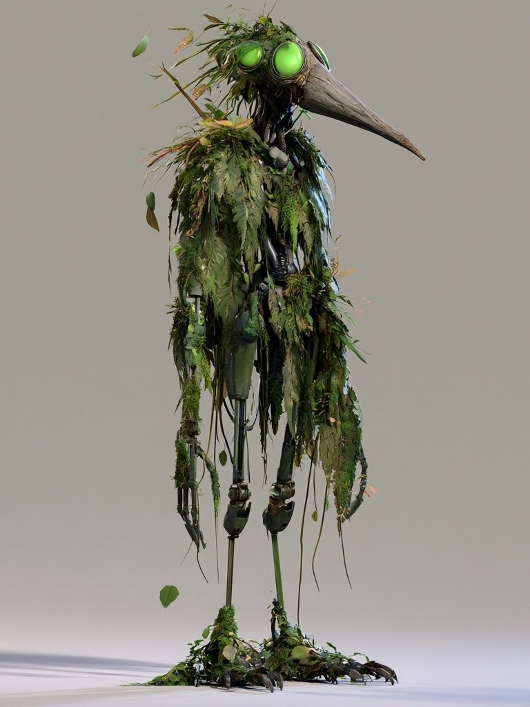 Leaf-Covered Bird Robot Poster. poster — illustration art