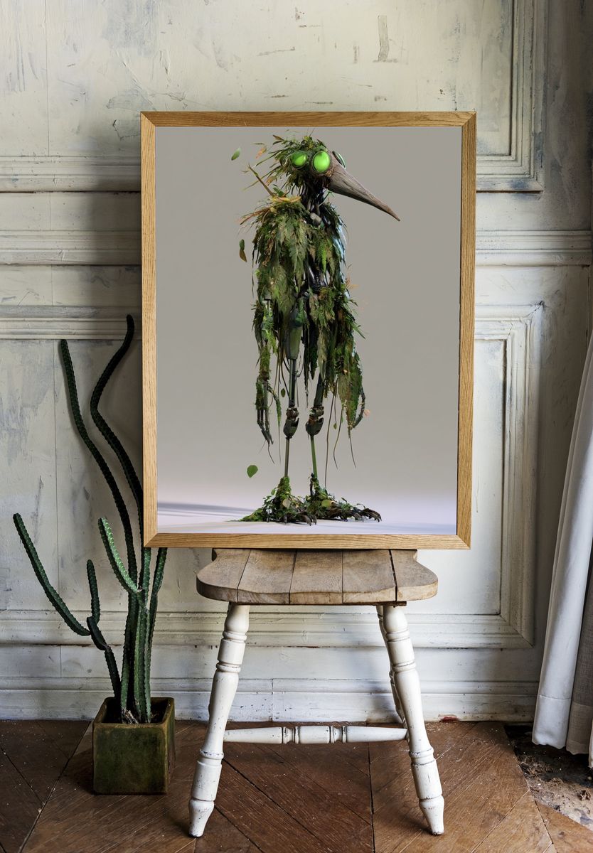 Leaf-Covered Bird Robot Poster. — room view 1