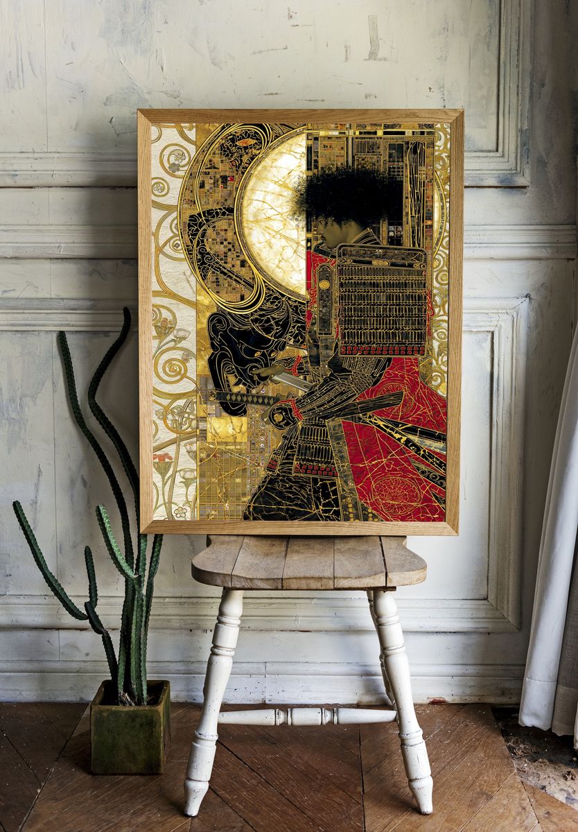 Golden Samurai Portrait Print. room preview