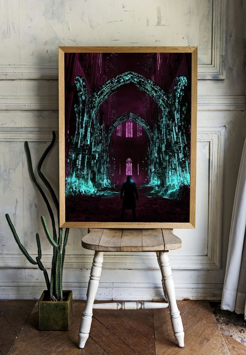 Neon Cathedral Portal Print. room preview