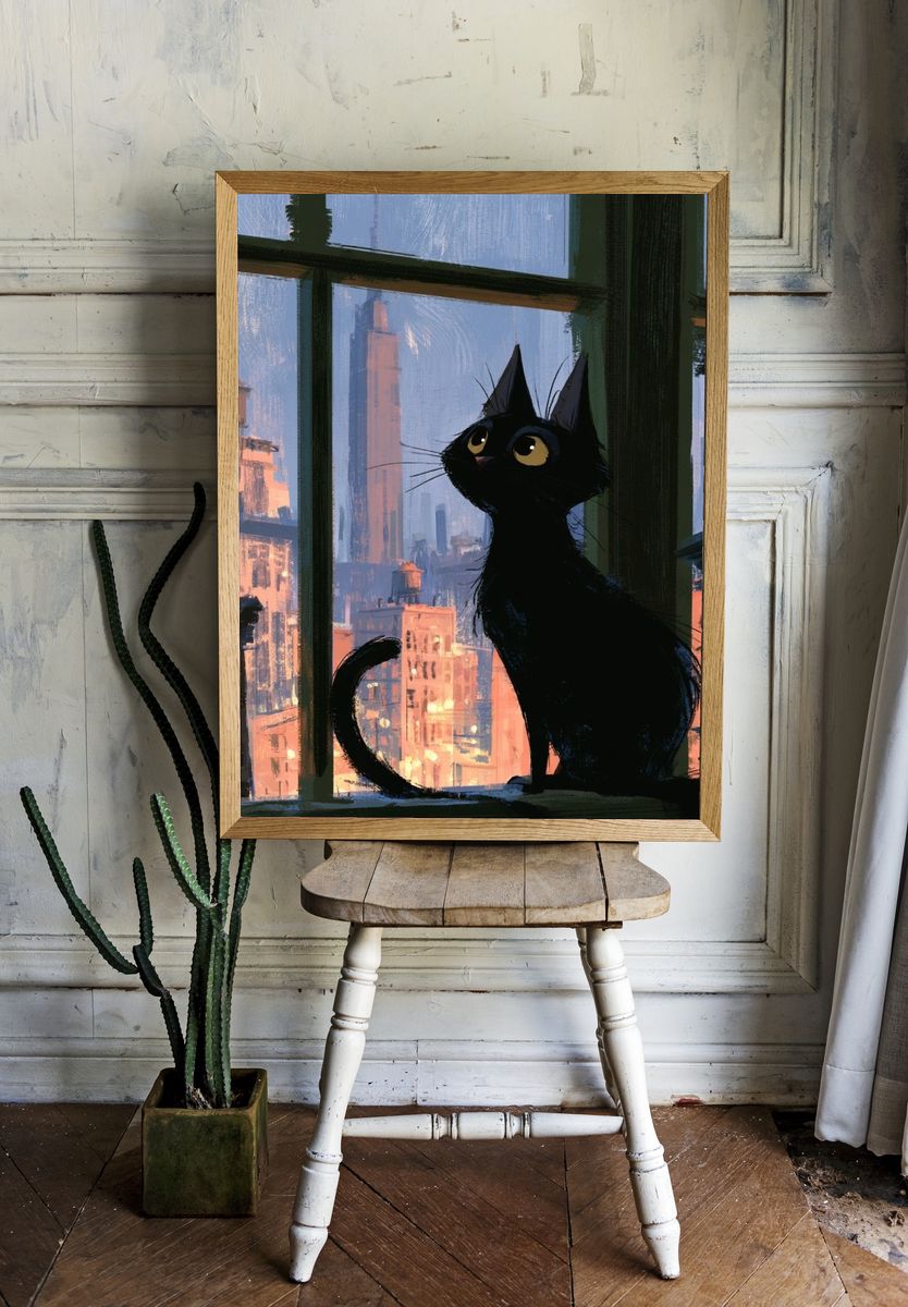 Black Cat City View Illustration Poster. room preview