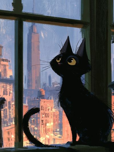 Black Cat City View Illustration Poster.