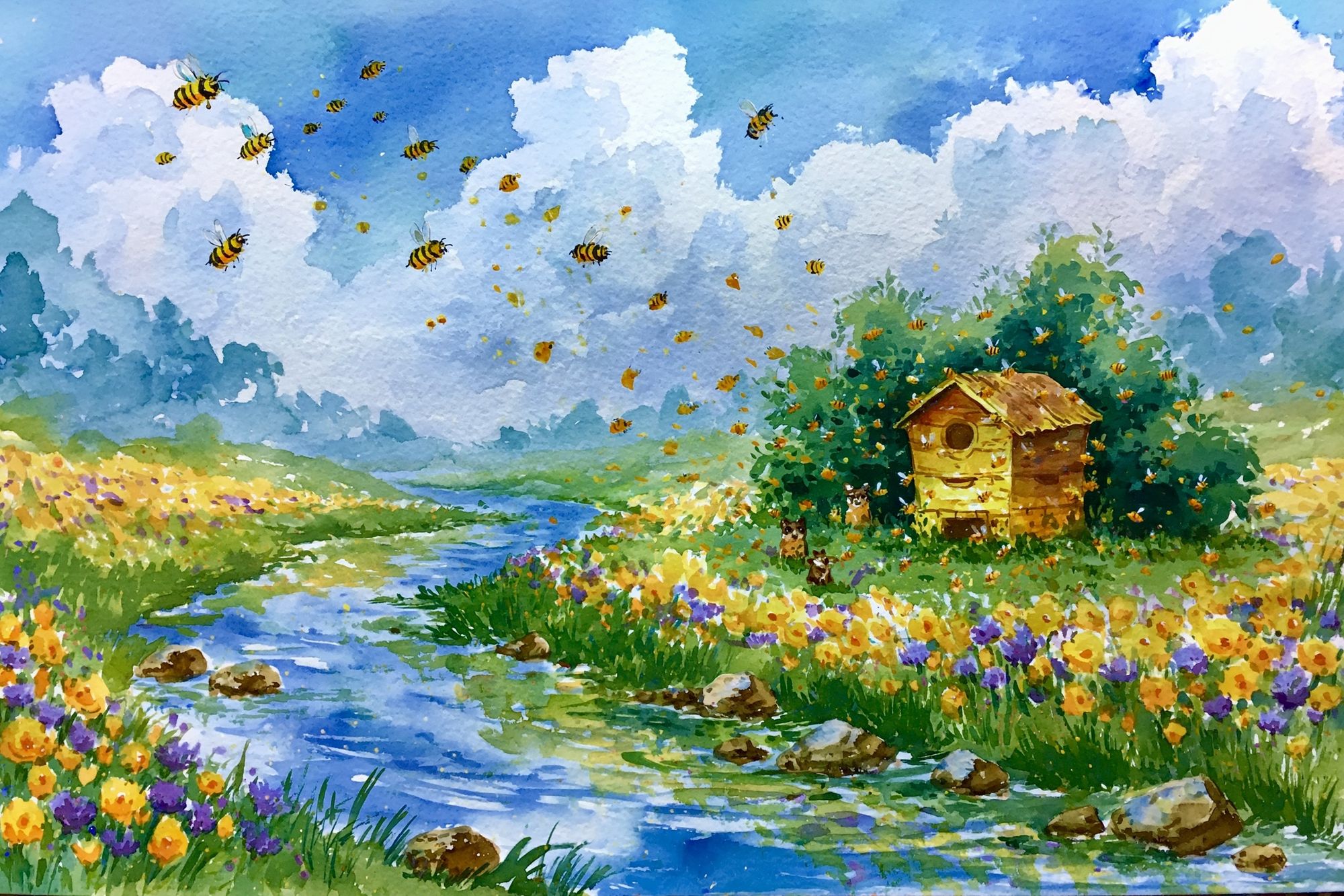 Bee Meadow Watercolor Poster. poster detail