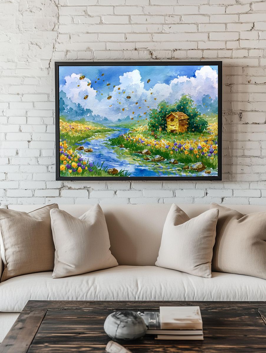 Bee Meadow Watercolor Poster. room preview