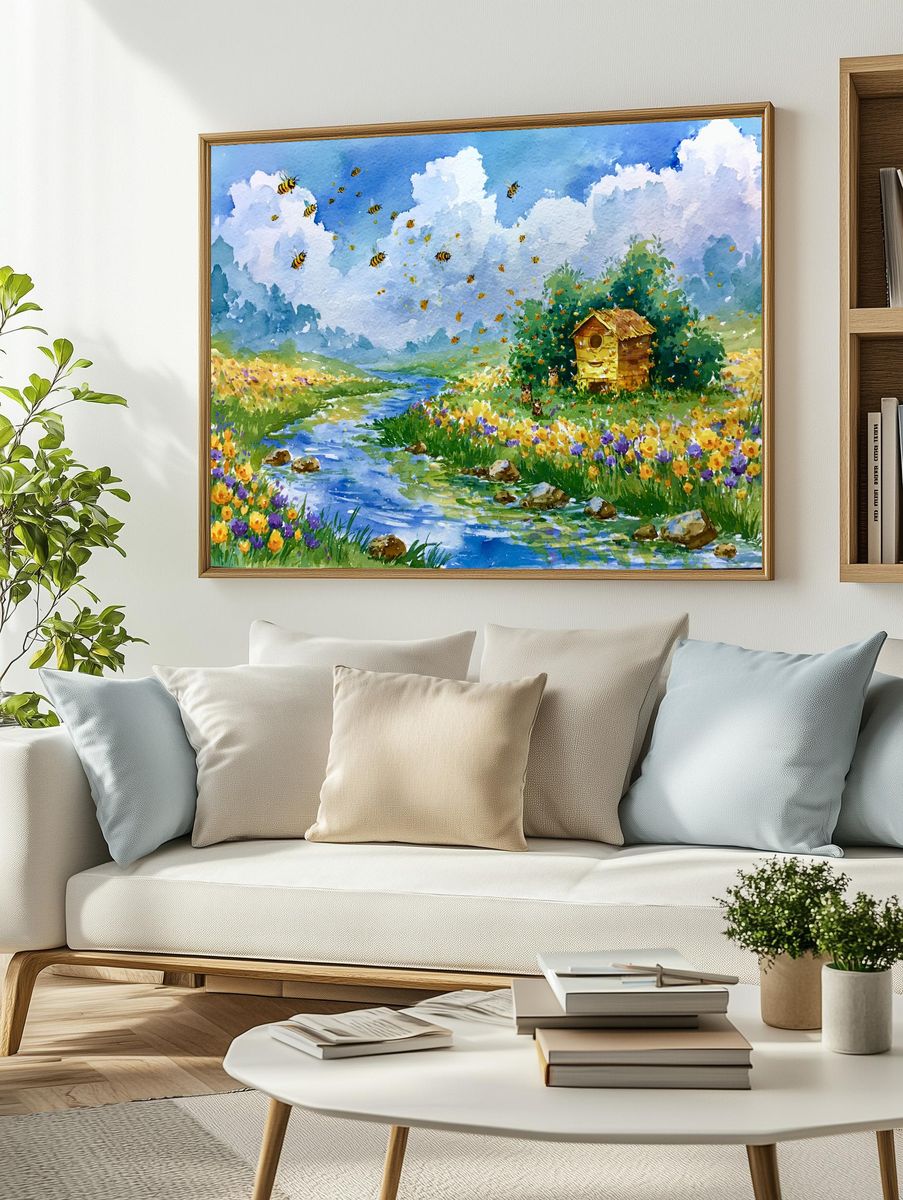 Bee Meadow Watercolor Poster. — room view 2
