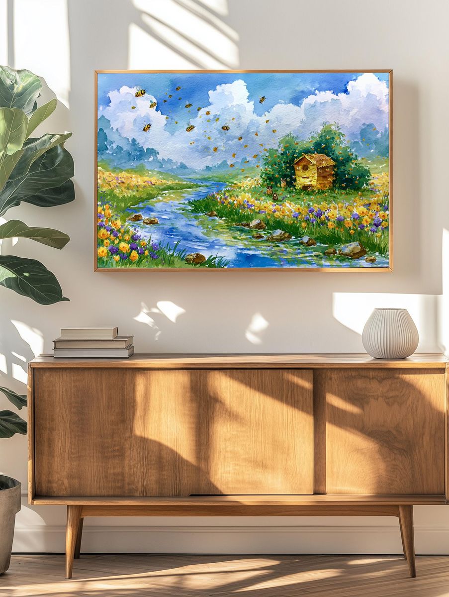 Bee Meadow Watercolor Poster. — room view 3