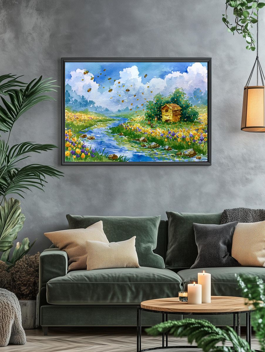 Bee Meadow Watercolor Poster. — room view 4