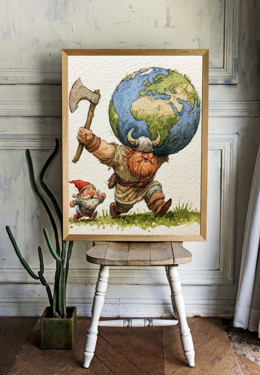 Viking Earth Carrying Gnome Illustration Poster. room preview