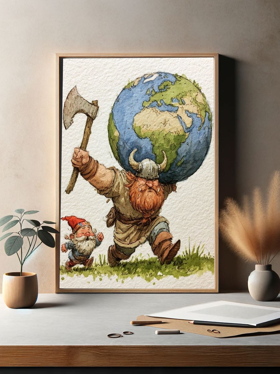 Viking Earth Carrying Gnome Illustration Poster. — room view 2