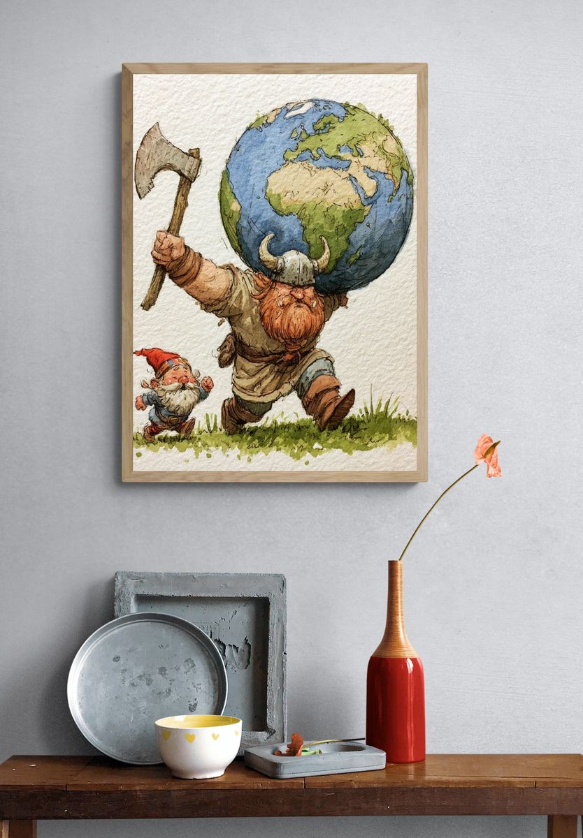 Viking Earth Carrying Gnome Illustration Poster. — room view 3