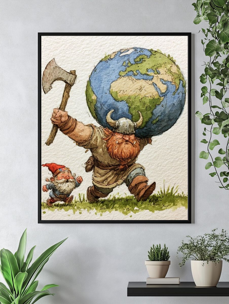 Viking Earth Carrying Gnome Illustration Poster. — room view 4