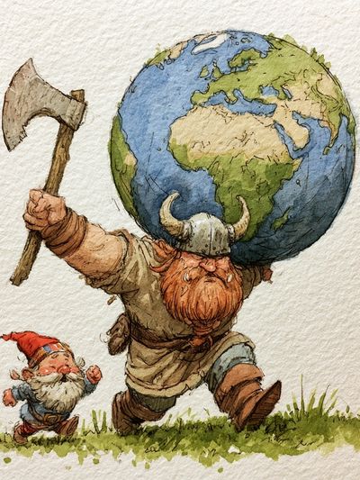 Viking Earth Carrying Gnome Illustration Poster. poster