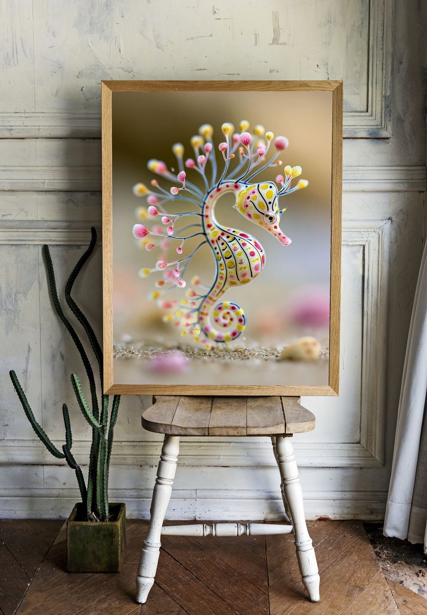 Whimsical Seahorse Illustration Poster. room preview