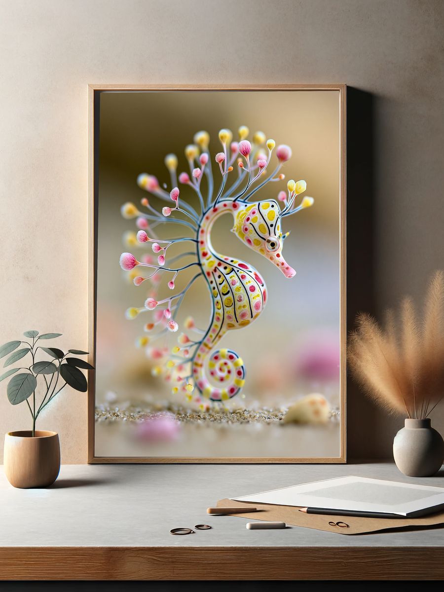 Whimsical Seahorse Illustration Poster. — room view 2