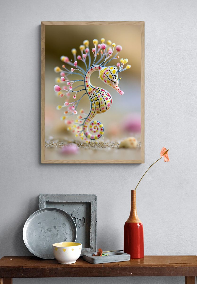 Whimsical Seahorse Illustration Poster. — room view 3
