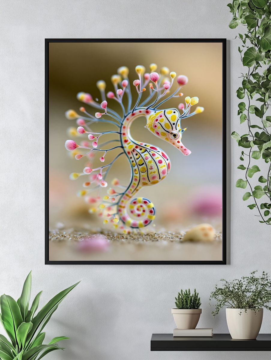 Whimsical Seahorse Illustration Poster. — room view 4