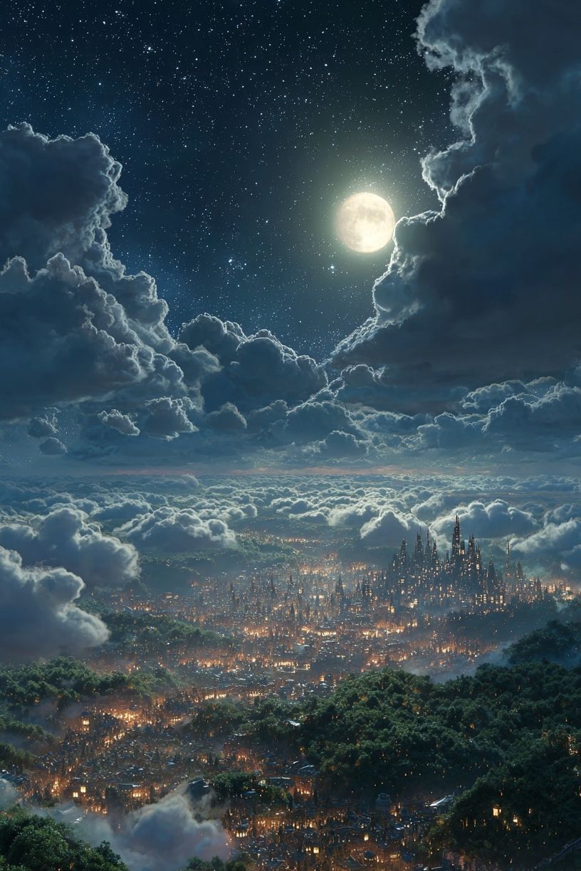 Moonlit Cloud City Fantasy Print. poster detail