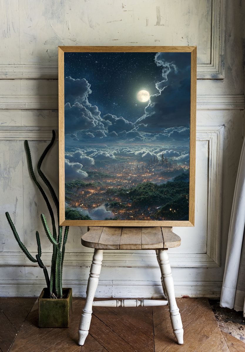 Moonlit Cloud City Fantasy Print. — room view 1