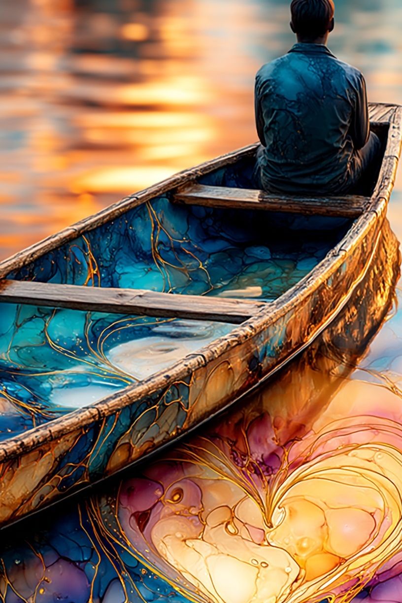 Dreamy Boat Reflection Illustration Poster. poster detail