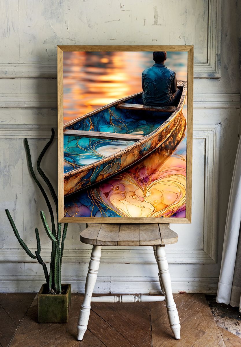 Dreamy Boat Reflection Illustration Poster. — room view 1