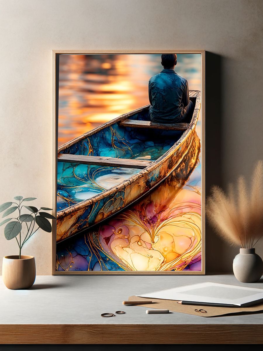Dreamy Boat Reflection Illustration Poster. — room view 2