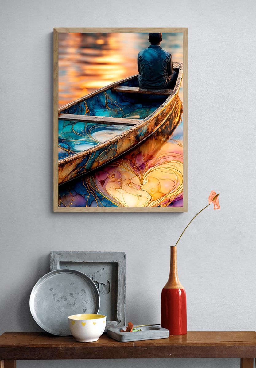 Dreamy Boat Reflection Illustration Poster. — room view 3