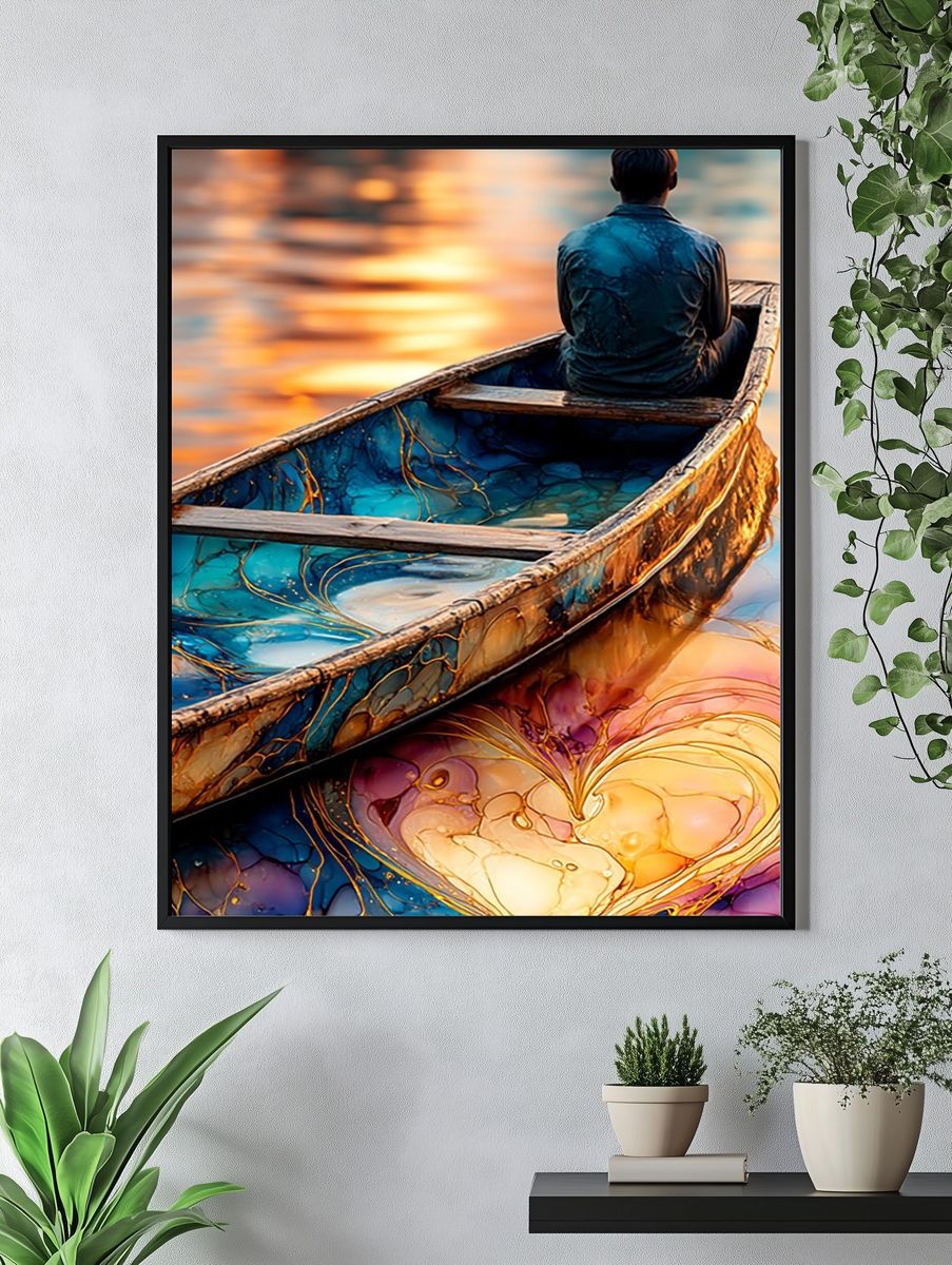 Dreamy Boat Reflection Illustration Poster. — room view 4