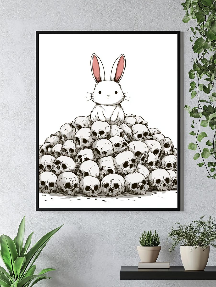 Bunny Skull Pile Illustration Poster. — room view 4