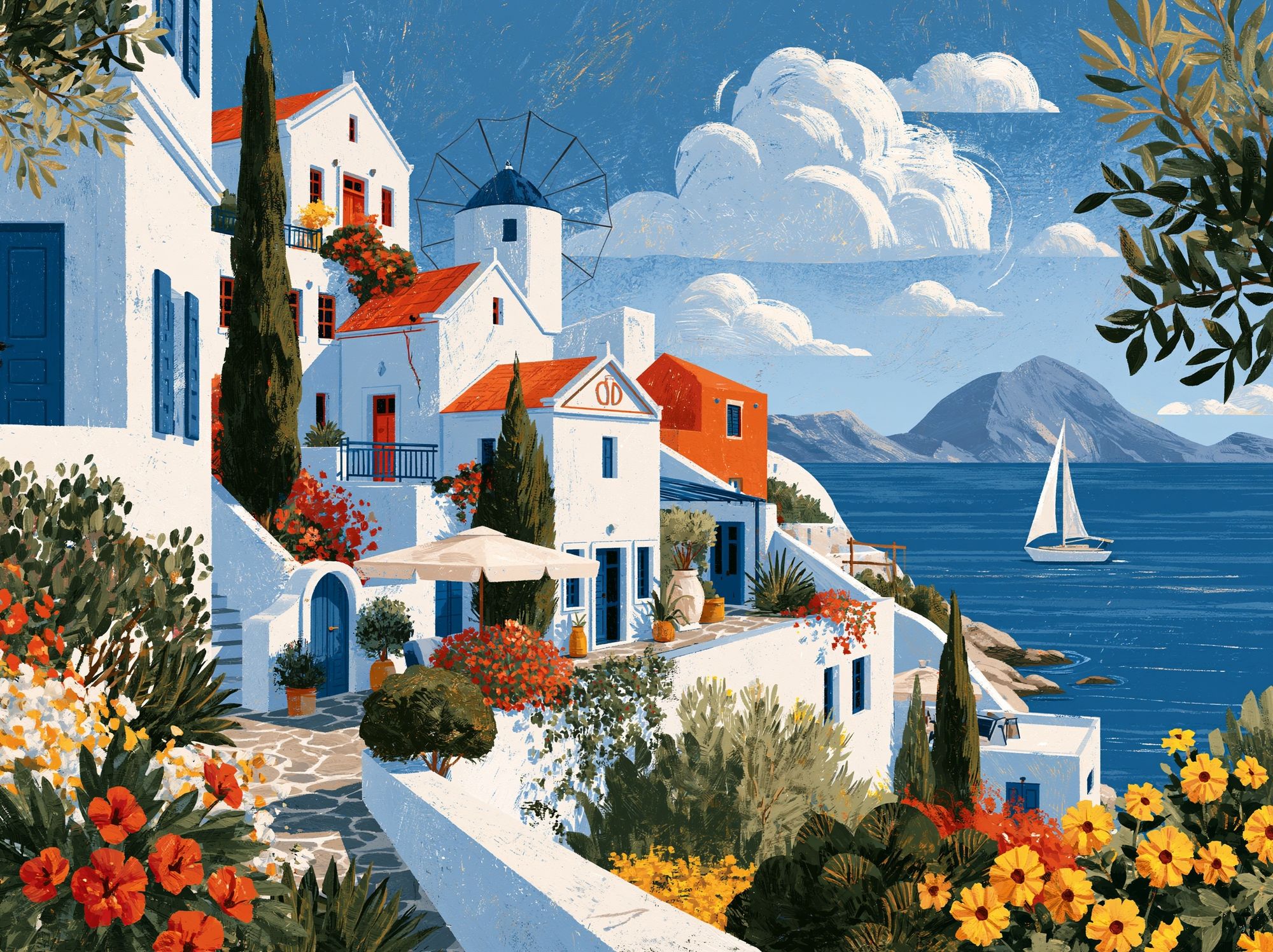 Greek Seaside Village Illustration Poster. poster — illustration art