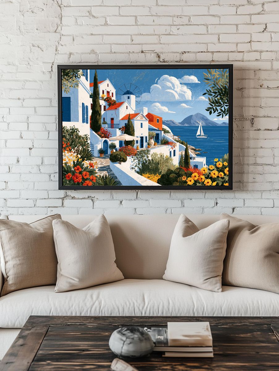 Greek Seaside Village Illustration Poster. — room view 1