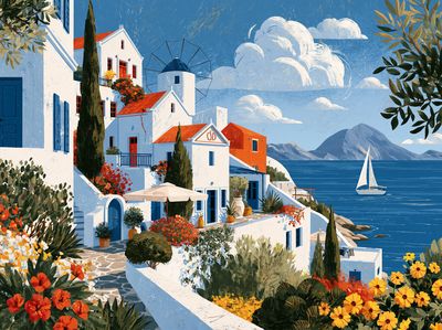 Greek Seaside Village Illustration Poster.