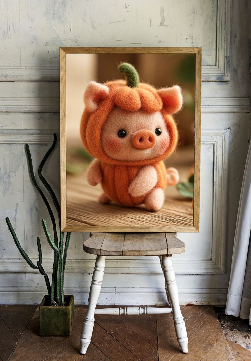 Felt Pumpkin Pig Illustration Poster. room preview