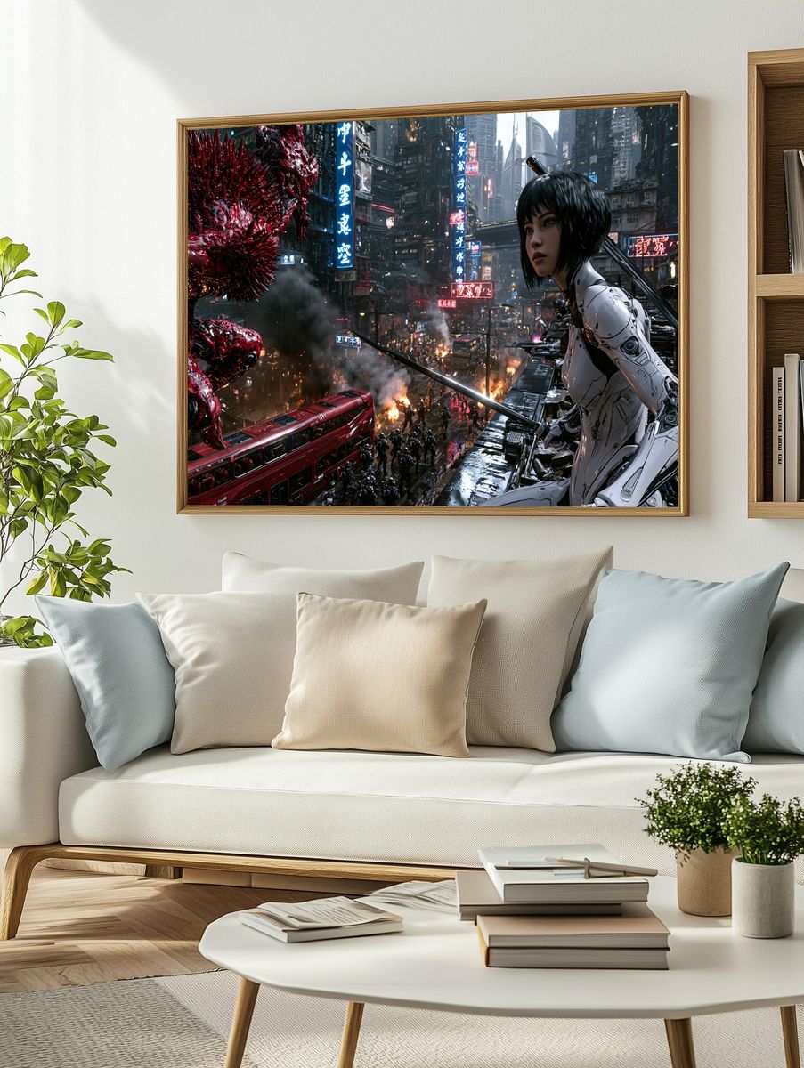 Cyberpunk Mecha City Battle Poster. — room view 2