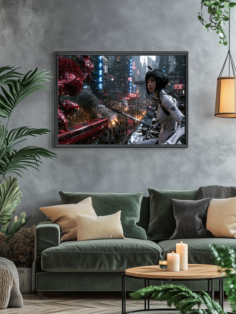 Cyberpunk Mecha City Battle Poster. — room view 4