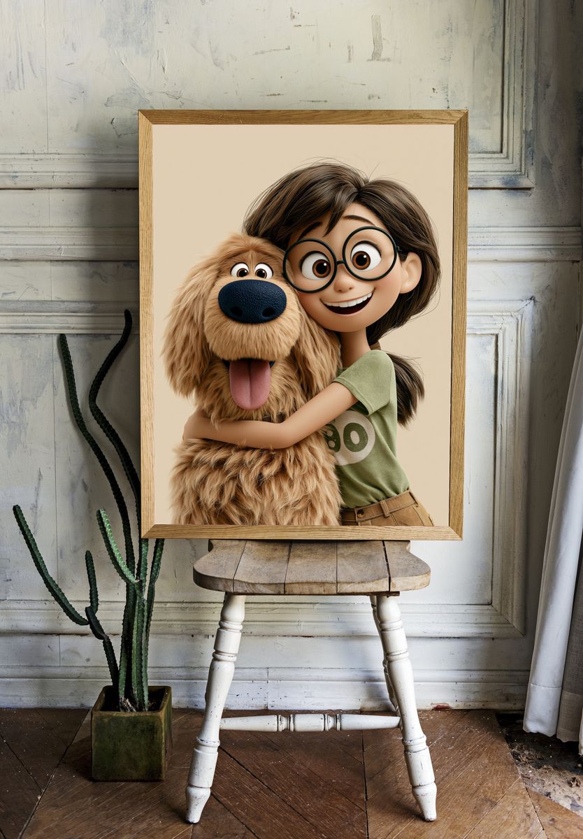 Girl and Dog Hug Illustration Poster. room preview