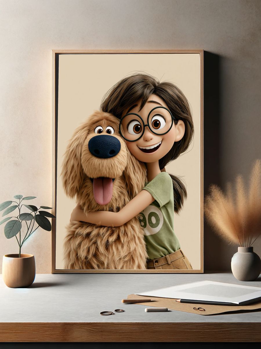 Girl and Dog Hug Illustration Poster. — room view 2