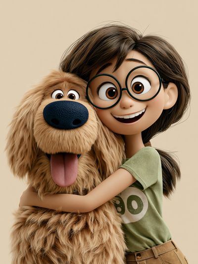 Girl and Dog Hug Illustration Poster.