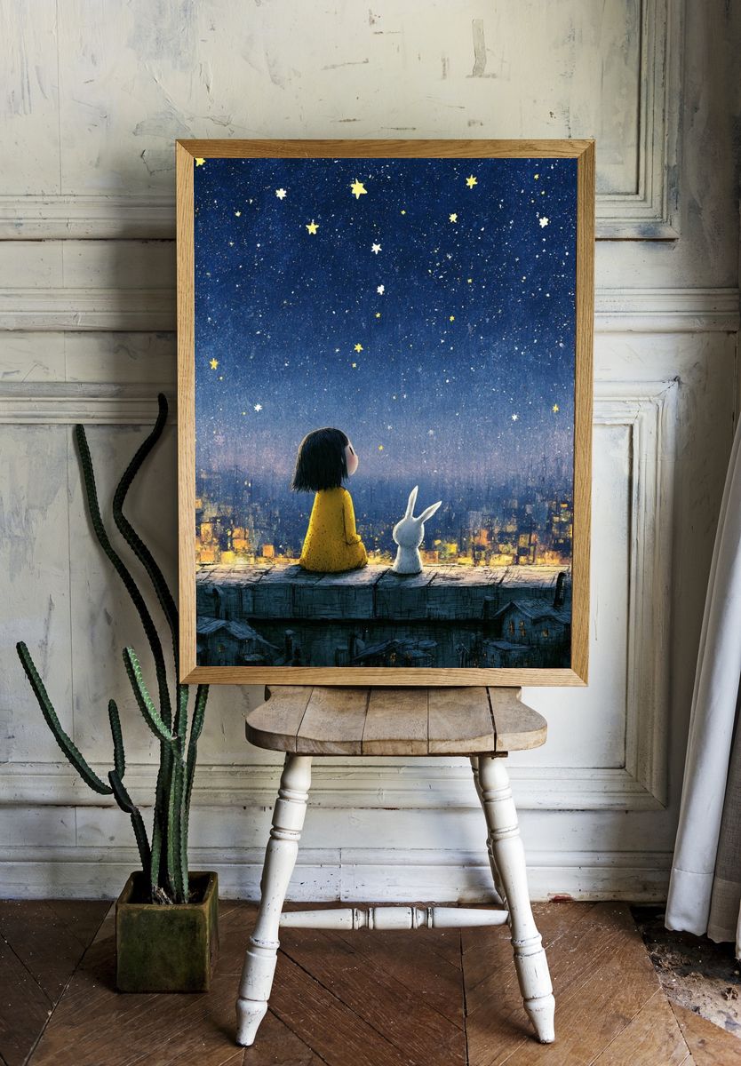 Girl and Rabbit Starry Night Poster. — room view 1